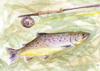 "Trout with Fly Rod" by Joe Kiefer, Lake Mills WI - Watercolor